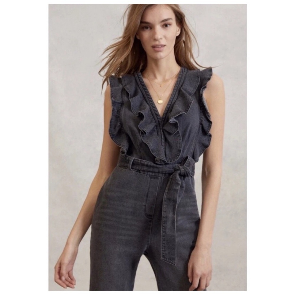 Anthropologie Mare Mare Ruffled Alena Denim Jumpsuit Black Vneck Belt Sz M